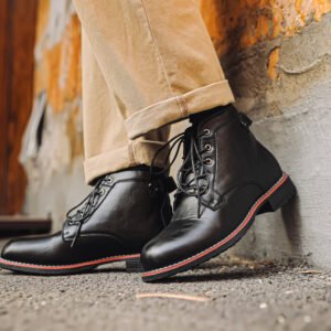 Men's Black Leather Casual Fashion Boots with Contrast Red Stripe Sole
