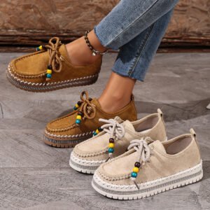 Bohemian Suede Platform Loafers with Colorful Beaded Accents