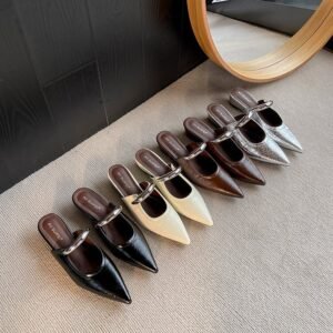 Elegant Pointed-Toe Metallic Buckle Kitten Heel Mules