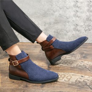 Men's Two-Tone Tweed Patchwork Ankle Boots with Monk Strap and Gold Buckle