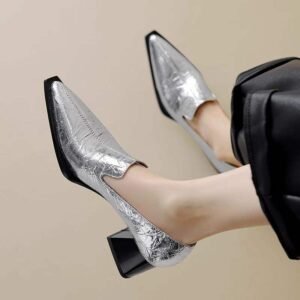 Chic Black Crinkled Patent Square-Toe Loafers with Low Block Heel